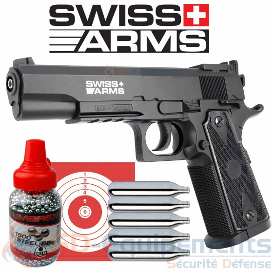 Pack pistolet CO2 Swiss Arms P1911 Match 4.5mm (2.2 joules)