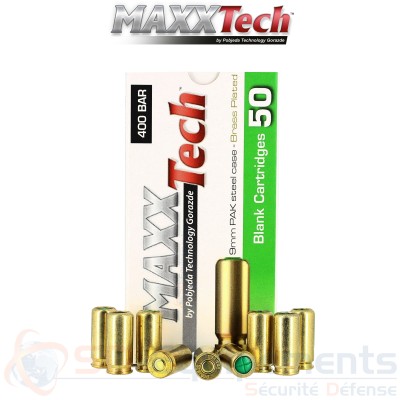 Boite de 50 cartouches MaxxTech Brass Plated 9mm PAK 